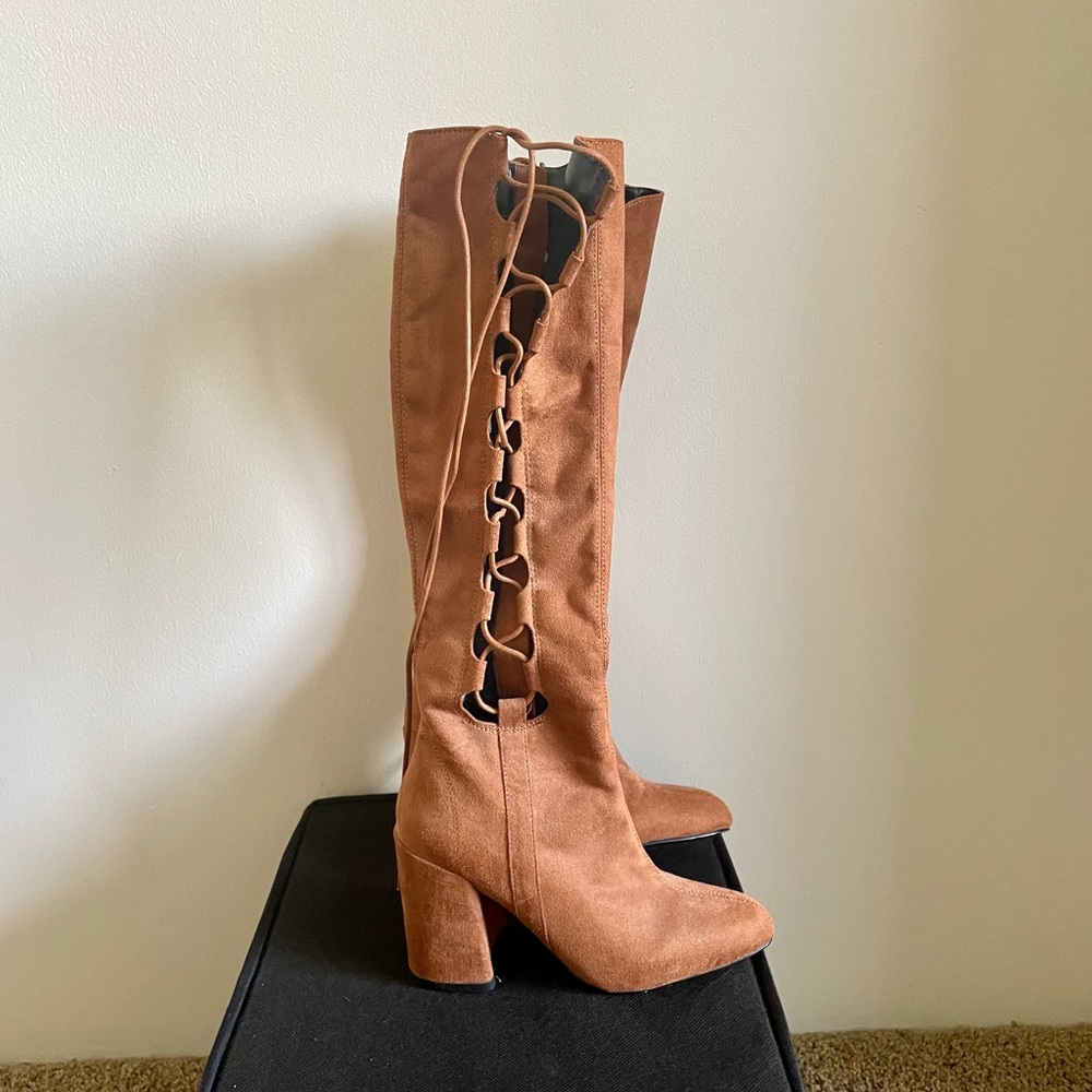 Nasty Gal Tall Camel Suede Lace/Zip Up Boots Sz5